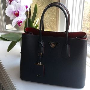 Prada Saffiano Double Tote in Black and Fiery Red